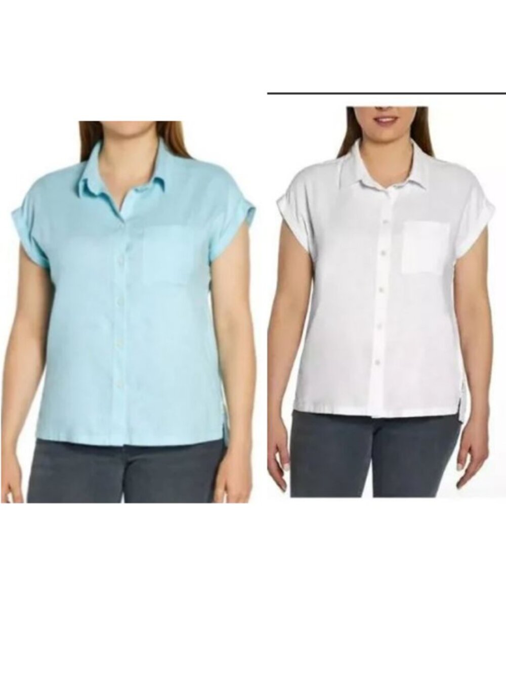 Orvis Lot of 2 XL Cap Sleeve Button Tops Blue White Pocket Collar Linen Rayon